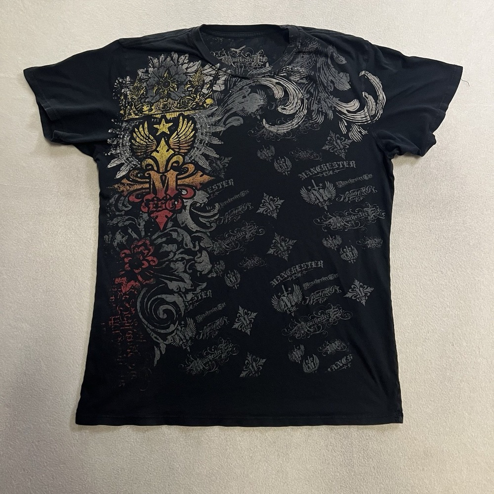 Affliction Style T-Shirt Men's XL Black Graphic Manchester LTD Made In USA Y2K